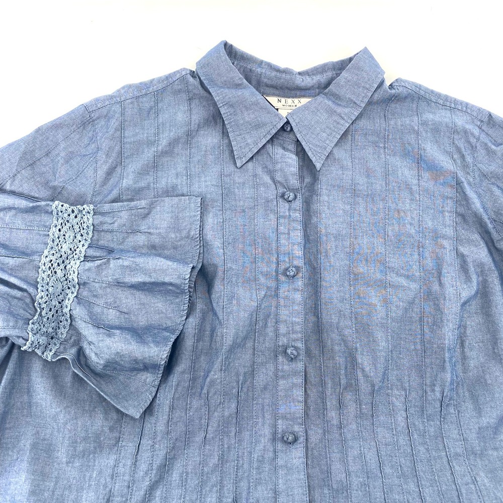Nexx Woman Chambray Blue Button Up Top Ruffle Crochet Sleeves Blouse Shirt 2X